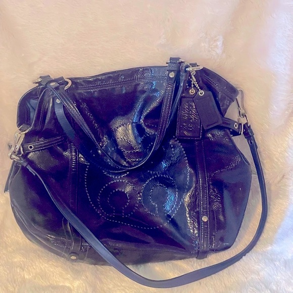 Coach Navy Blue Patent Leather Perforated Signature Audrey Andie Bag EUC - Picture 1 of 14